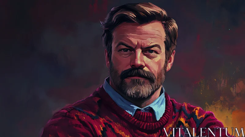 Brooding bearded gentleman in ember-lit painted sweater portrait.