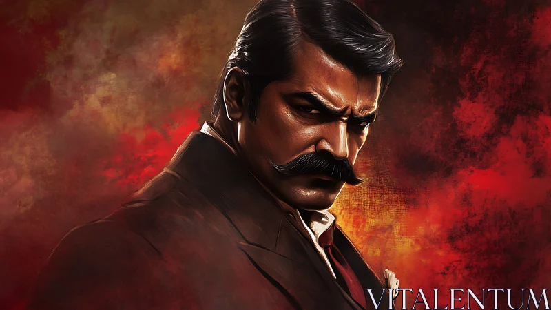 Intense mustached man in suit rendered with high contrast lighting