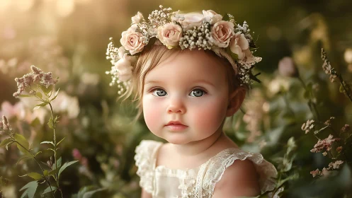 Digital portrait of young child with floral crown in atmospheric garden setting.