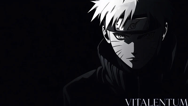 Stoic ninja portrait emerges from stark black background