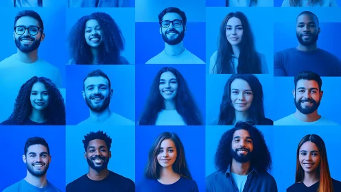 Diverse smiling portraits grid on bold blue background.