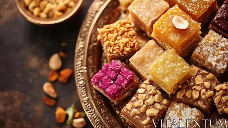 Photographic macro study of assorted nut-topped dessert squares.