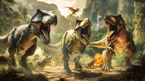 Roaring tyrannosaurs charge through fiery primeval jungle.
