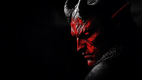 Digital painting of a horned demon portrait in stark chiaroscuro.