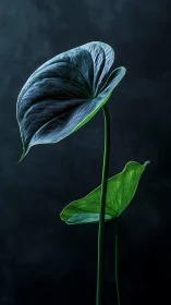 Moody green leaves rise elegantly against a deep shadowed backdrop