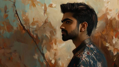 Side-profile portrait in warm botanical oil textures.
