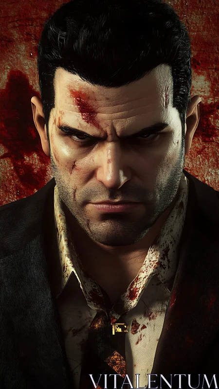 Battle-worn man in bloodstained suit glares with grim resolve