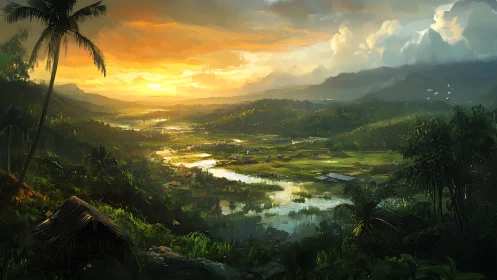 Tropical valley sunrise over reflective rice terraces.