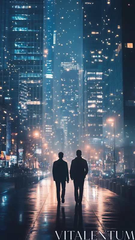 Neon corridor skyline with dual silhouettes in rain-slicked street.
