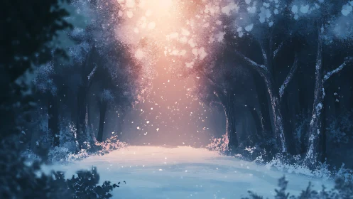 Winter forest path under ethereal dusk glow.