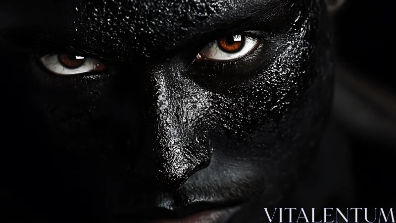 Macro facial close-up with textured black pigment and amber gaze.