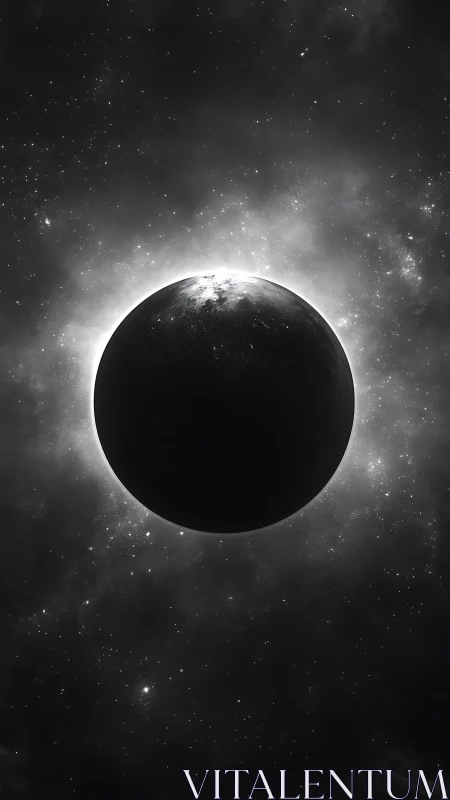 Silent eclipse halo in a monochrome star-dusted void.