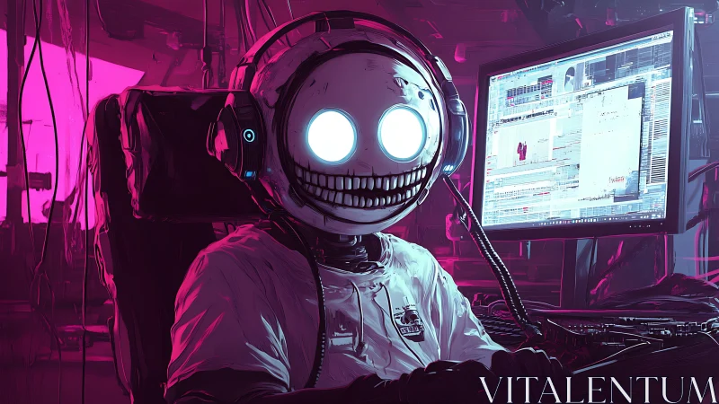 Cybernetic operator with luminescent visor monitors multi-screen workstation