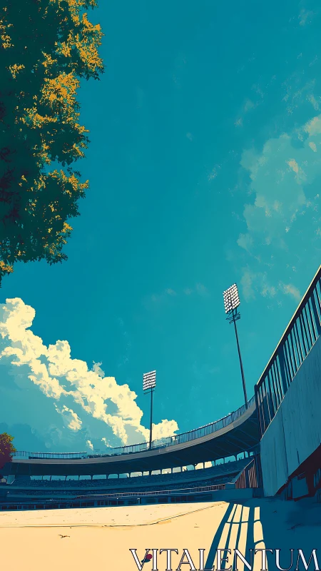 Sunlit empty stadium under deep cyan summer sky.