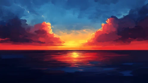 Radiant sunset sky paints the calm ocean in glowing color