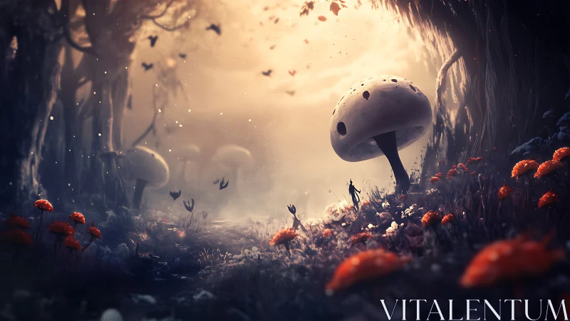 Moonlit mushroom realm where tiny wanderers greet dusk.