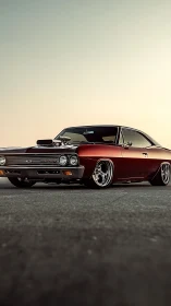 Supercharged lowrider muscle car at golden hour, wide angle