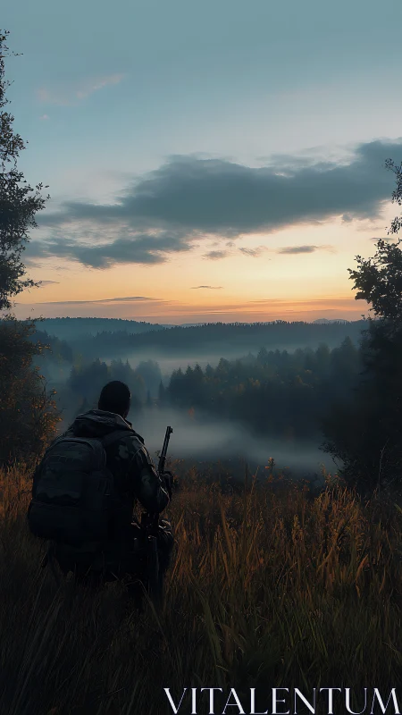 Quiet dawn greets a lone wanderer watching misty forest hills