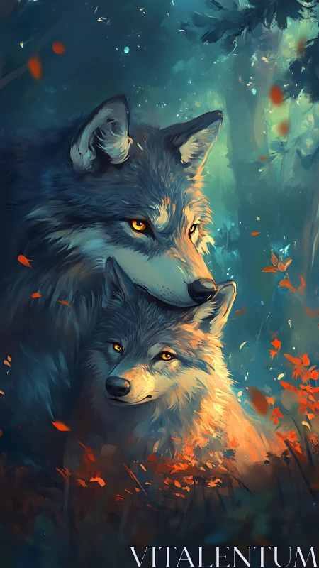 Gentle wolf guardians share a quiet moment in glowing woods