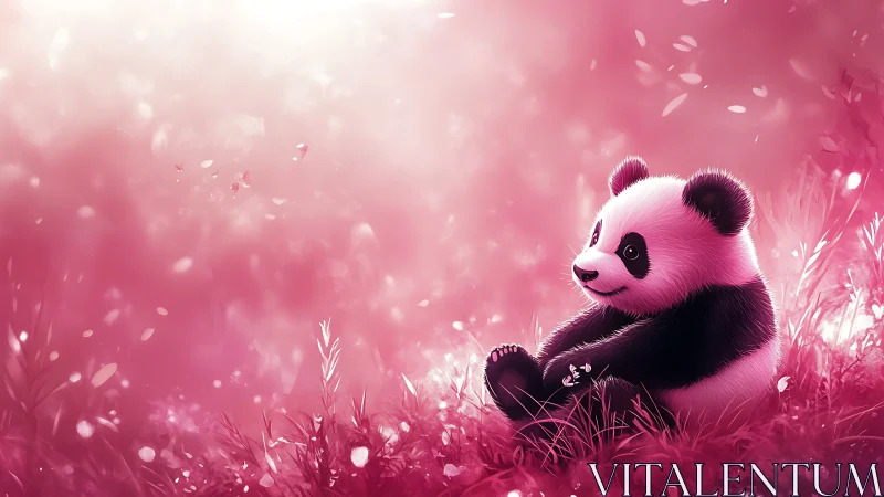 Gentle baby panda rests in a dreamy pink meadow of light