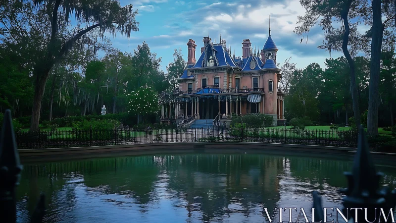 Victorian mansion by pond in dense green woodland garden.