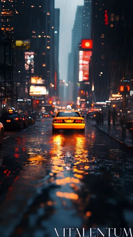 Yellow city taxi driving through rainy neon street at night.