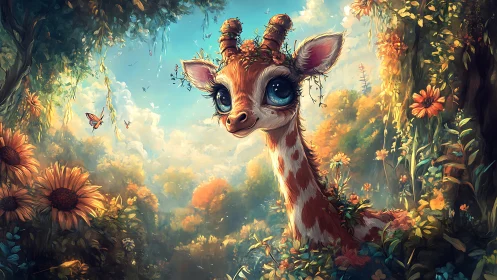 Young giraffe in dense floral forest with bright sky backdrop.