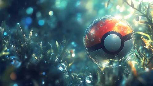 Crystal sphere with bold red band amid luminous moss