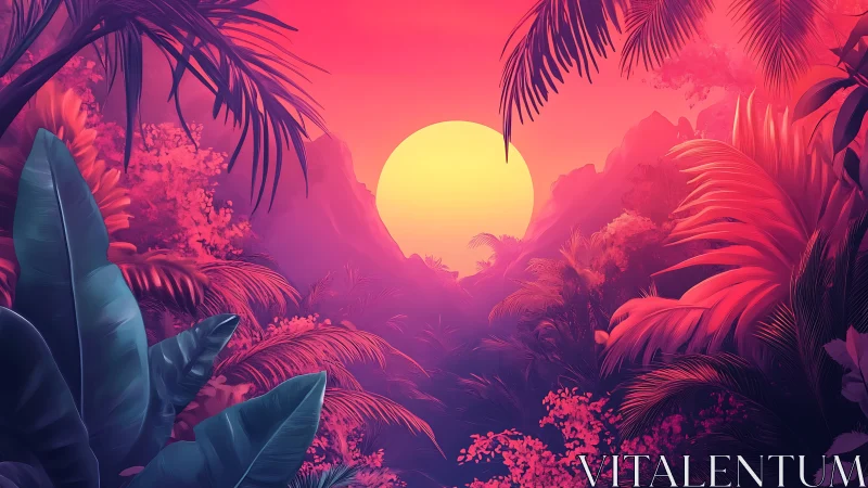 Neon tropical sunset bathes lush jungle valley in dreamlike glow