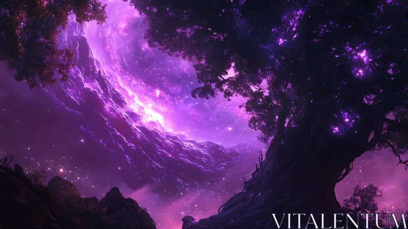 Luminescent cosmic tree beneath swirling violet nebula sky