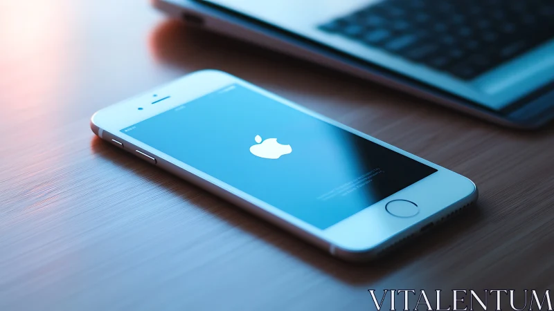 Sleek smartphone rebooting beside softly lit laptop on desk.