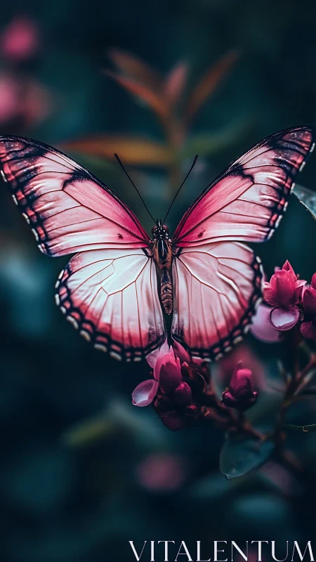 Graceful pink butterfly rests gently on twilight blossoms