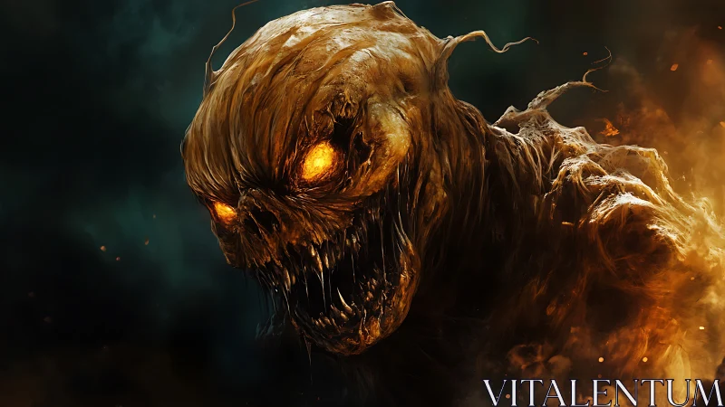 Fiery pumpkin spirit glows with eerie, otherworldly energy.