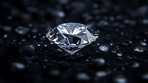 Brilliant diamond rests on wet black surface, sharp focus.