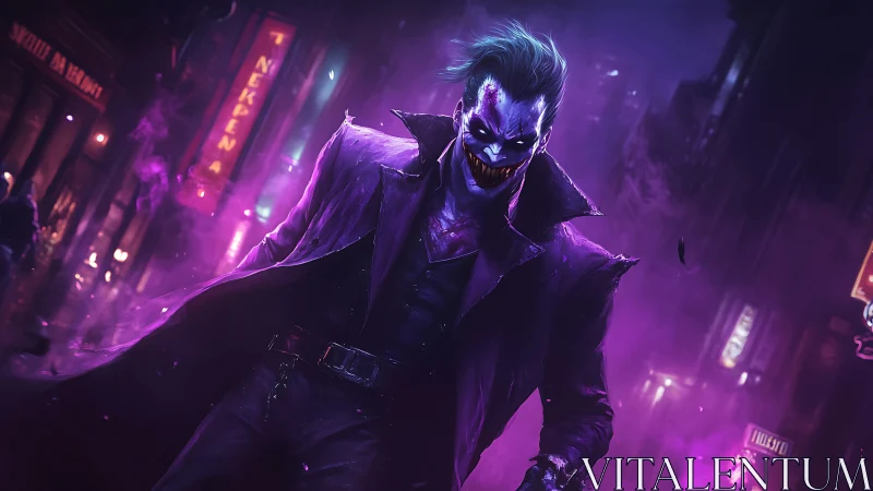Neon nightmare jester stalks a violet drenched cityscape.