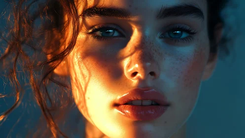 Sunlit freckled portrait glows in teal and amber light