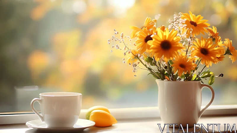 Golden Sunflowers Greet Morning Tea by Window.