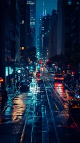 Rain-slicked neon avenue channels deep urban nocturne perspective