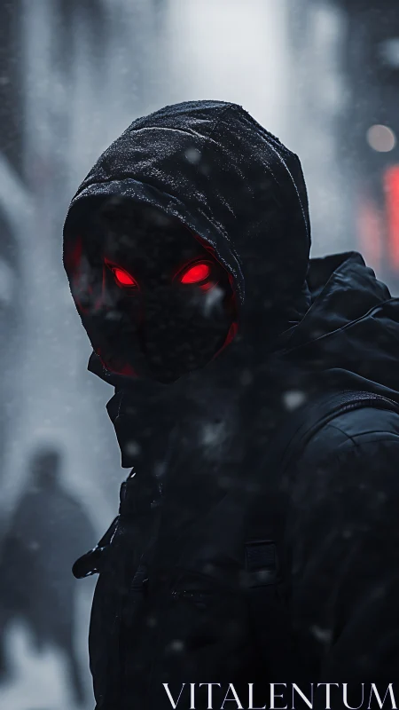 Cyberpunk hooded specter in snow-lost urban corridor.