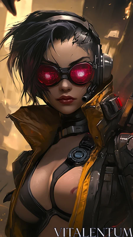 Neon-goggled cyber huntress stalking through molten city light.