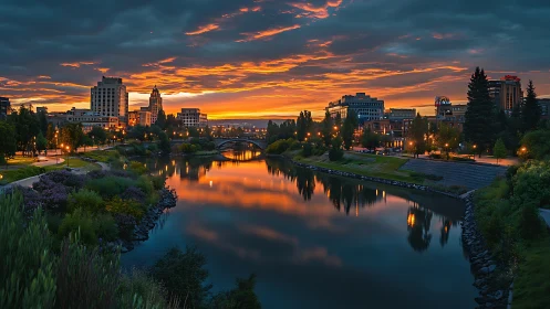 Dusk cityscape over riverfront skyline with illuminated bridge reflections