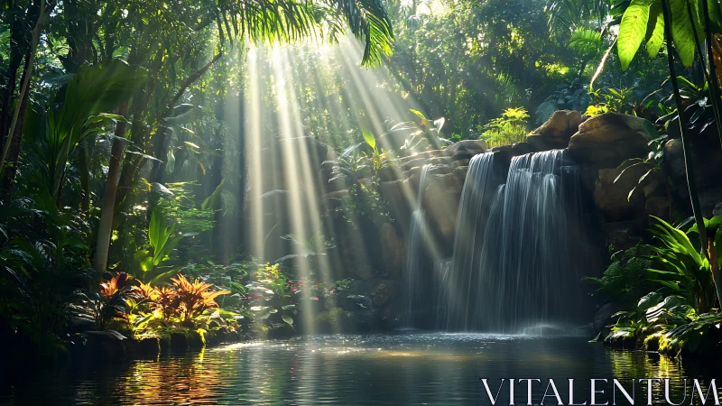 Dense tropical forest waterfall under diagonal sunbeams.