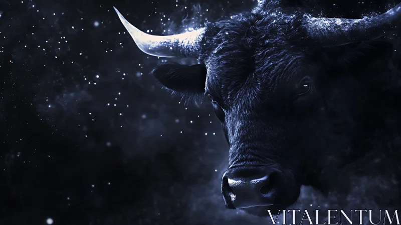 Celestial midnight bull crowned in frostlit cosmic dust.