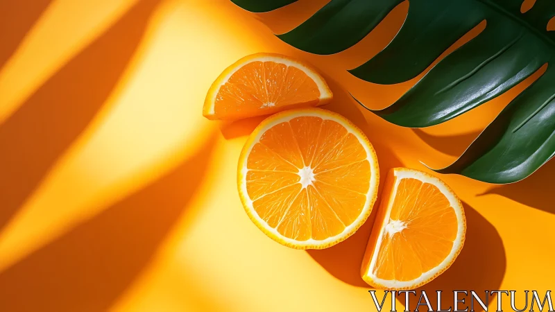 Orange slices and leaf arranged on vivid yellow background