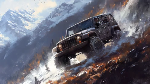 Off-road jeep powers through steep snowy mountain pass.