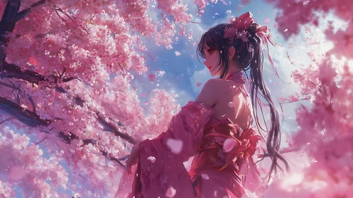 Anime kimono figure under dense cherry blossoms in dynamic backlight
