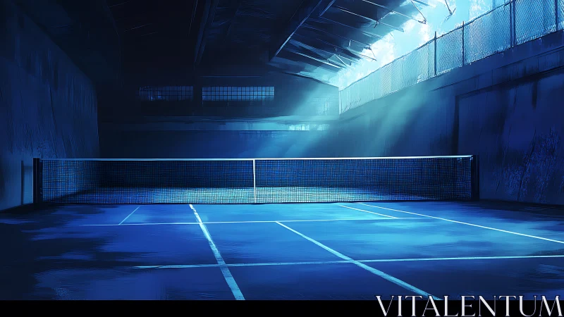 Indoor tennis court under directional blue roof lighting.