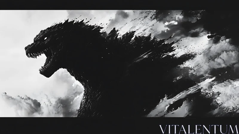 Monochrome kaiju silhouette dissolves into storm-driven clouds