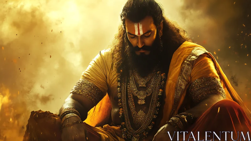 Warrior sage in saffron robes amid swirling golden embers