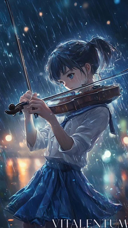 Girl plays violin in heavy nighttime rain with city lights